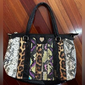 Betsey Johnson Animal Print Purse Shoulder Bag Black Medium Gold Heart